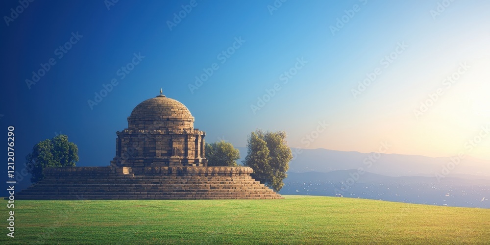 Obraz premium Serene Temple on Hilltop at Sunrise with Clear Sky