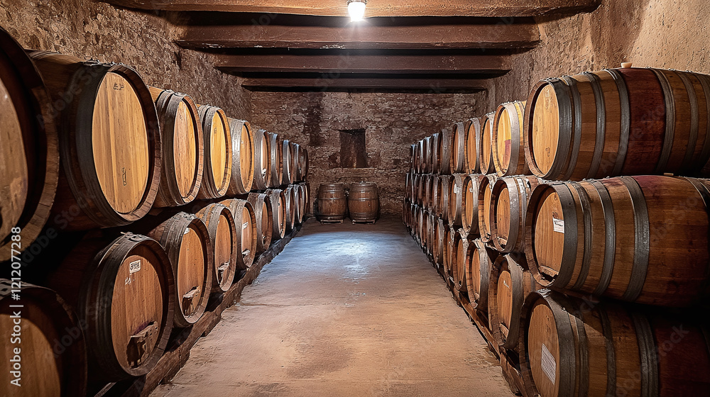 Traditional wine cellar with rows of wooden barrels lining the stone walls, dimly lit for a rustic, authentic ambiance. Perfect for winery or vintage themes. Traditional wine cellar with rows of wooden barrels lining the stone walls, dimly lit for a rustic, authentic ambiance. Perfect for winery or vintage themes.