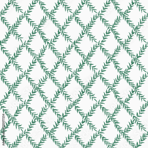 Butcher's broom twigs in a Trellis pattern. Vector vintage illustration. Emerald and white
