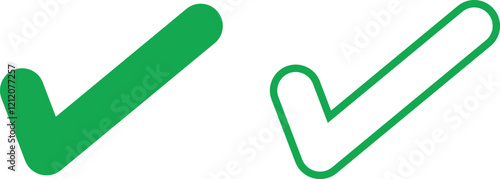 Tick mark approved green flat and line icons set. Check mark symbols for website and mobile app isolated on transparent background. Verified badge vectors. Social media official account tick signs.
