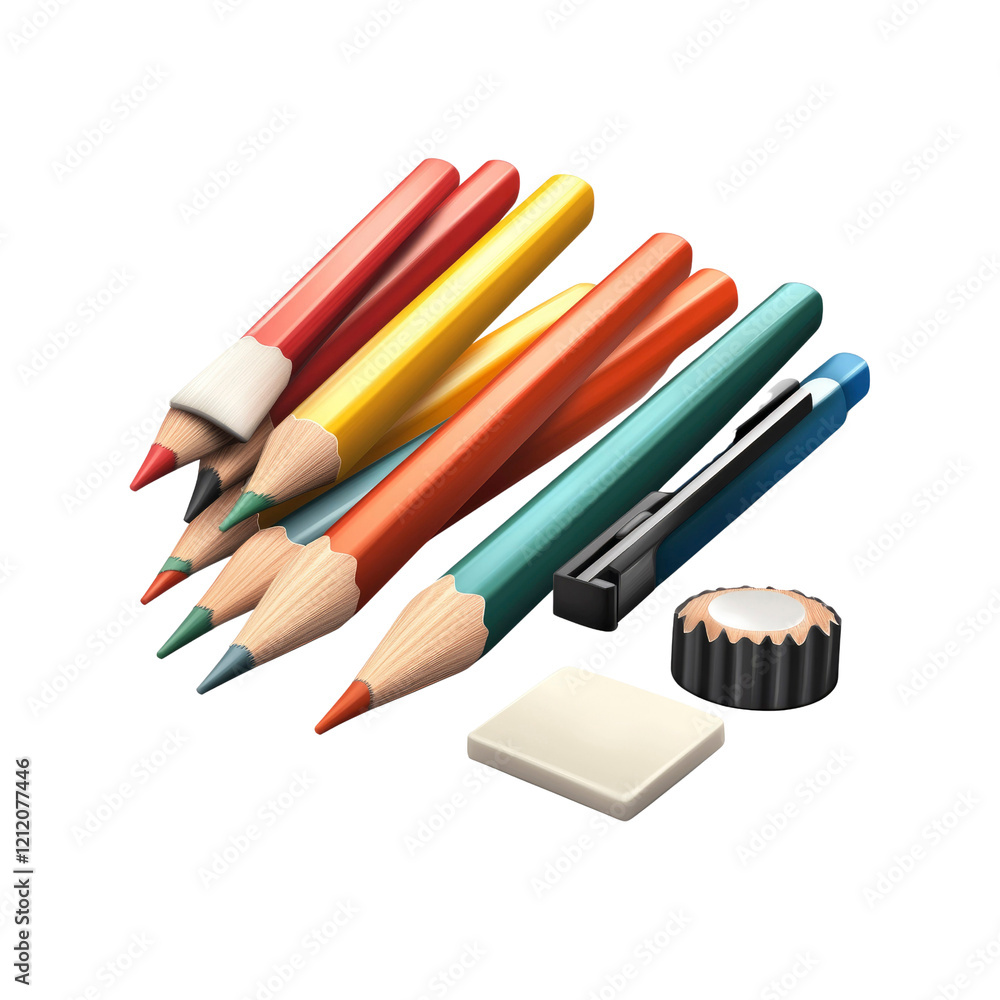 Naklejka premium Colorful Pencils, Eraser, Sharpener, and Mechanical Pencil - Back to School Supplies