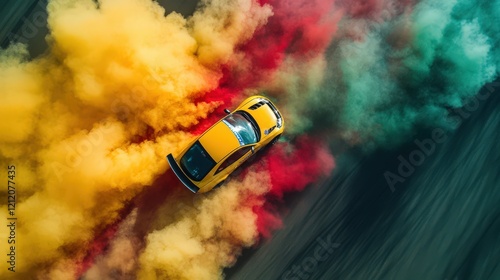 Yellow Sports Car Drifting In Colorful Smoke photo