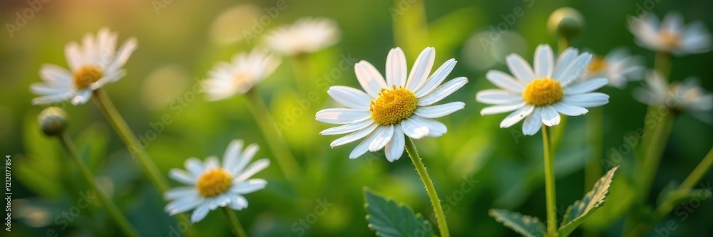 Close-up of chamomile blossoms amidst vibrant leaves , photo, leaves Close-up of chamomile blossoms amidst vibrant leaves , photo, leaves