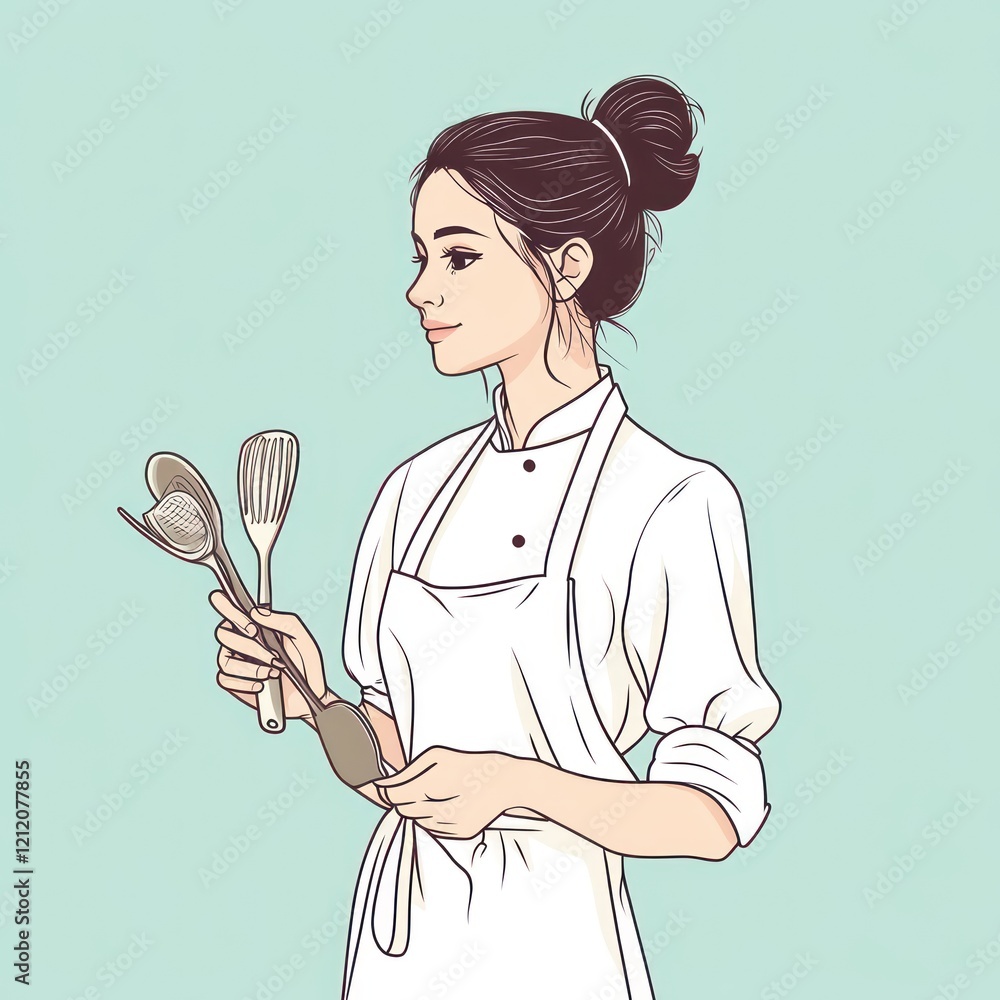 Chef woman holding utensils, light teal background, profile view, food illustration Chef woman holding utensils, light teal background, profile view, food illustration