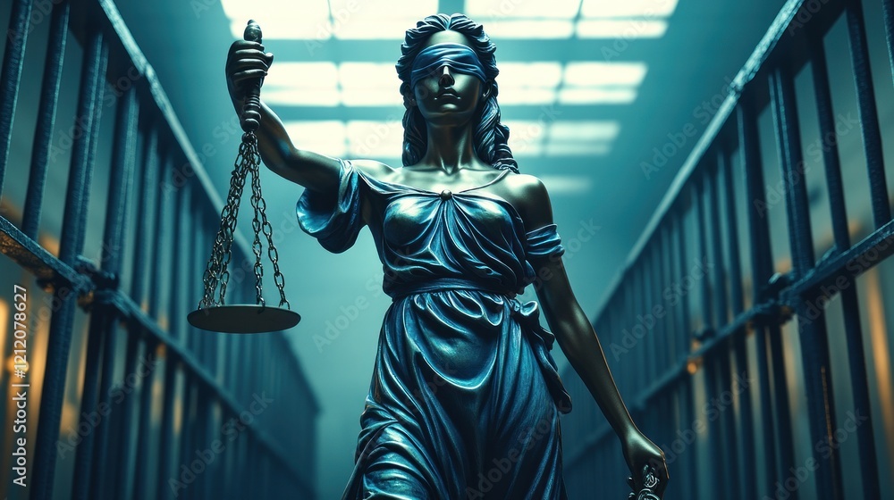 Obraz premium Justice statue, prison cell hallway, scales, blindfolded, legal