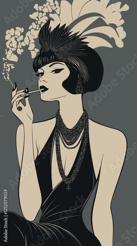 Art Deco Vintage Illustration of Flapper Woman Smoking Cigarette