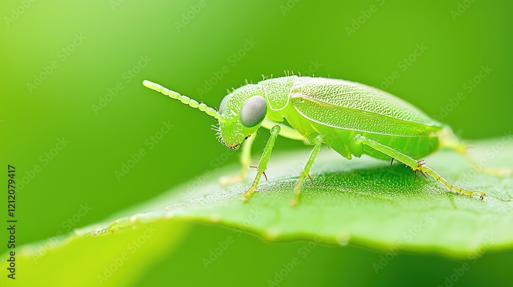 Green insect on leaf, nature macro, vibrant background, for nature documentaries Green insect on leaf, nature macro, vibrant background, for nature documentaries