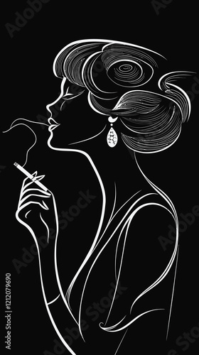 Art Deco Vintage Illustration of Flapper Woman Smoking Cigarette