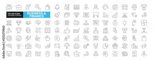 Set of 100 Business and Finance line icons set. Business and Finance outline icons with editable stroke collection. Includes Teamwork, Managing, Innovation, Goal, Meeting, and More.