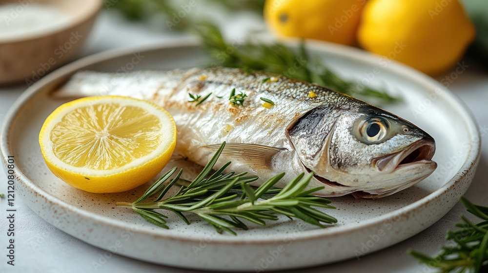 Fresh dorado fish garnished with rosemary and lemon on a white plate, captured from above with premium mirrorless camera Fresh dorado fish garnished with rosemary and lemon on a white plate, captured from above with premium mirrorless camera