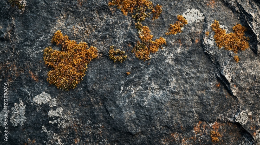Dark Grey Stone Texture with Orange Lichen - Nature Background