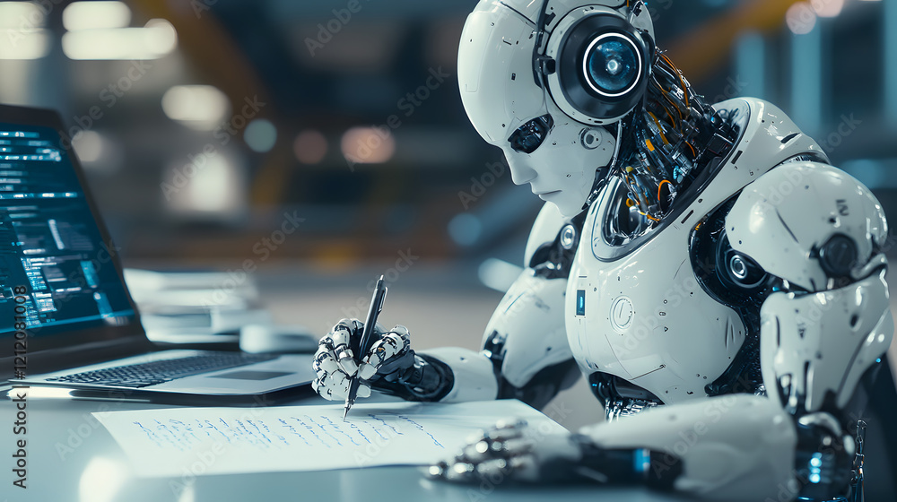 Fototapeta premium 3D rendering of robot hominoid reading book, writing and solving math data analytics in concept of future mathematics artificial intelligence, data mining and 4th fourth industrial revolution .