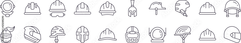 Fototapeta premium Set of Helmet Related Line Icons. Outline Signs for Graphic and Web Design, Apps, Adverts, Various Cards