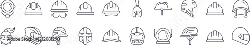 Set of Helmet Related Line Icons. Outline Signs for Graphic and Web Design, Apps, Adverts, Various Cards