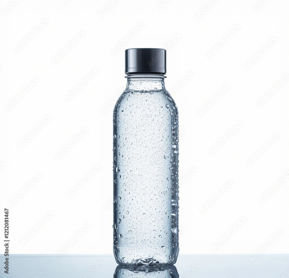 A transparent water bottle filled with clear liquid and condensation droplets, displayed on a white background with faint reflections A transparent water bottle filled with clear liquid and condensation droplets, displayed on a white background with faint reflections