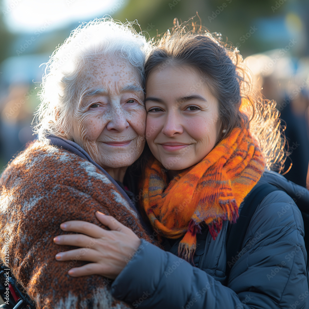 A volunteer hugging an elderly woman in a wheelchair at a community gathering. Bright lighting, contrast A volunteer hugging an elderly woman in a wheelchair at a community gathering. Bright lighting, contrast