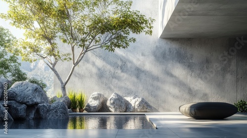 Serene Minimalist Zen Garden with Pool and Daybed