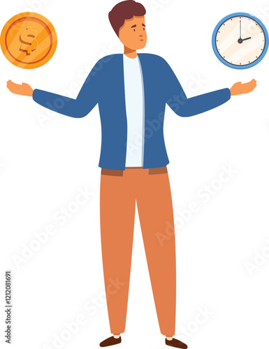 Businessman making decision, choosing between money and time, work life balance problem, difficult choice concept