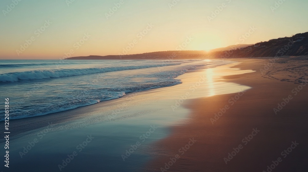 Golden Sunset Ocean Waves Crashing on Sandy Beach Golden Sunset Ocean Waves Crashing on Sandy Beach