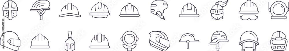 Helmet Line Icon Pack. Outline Signs for Graphic and Web Design, Apps, Adverts, Various Cards Helmet Line Icon Pack. Outline Signs for Graphic and Web Design, Apps, Adverts, Various Cards