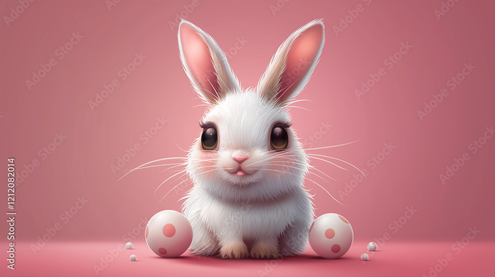 Fototapeta premium Cute Easter Bunny with Eggs on Pink Background