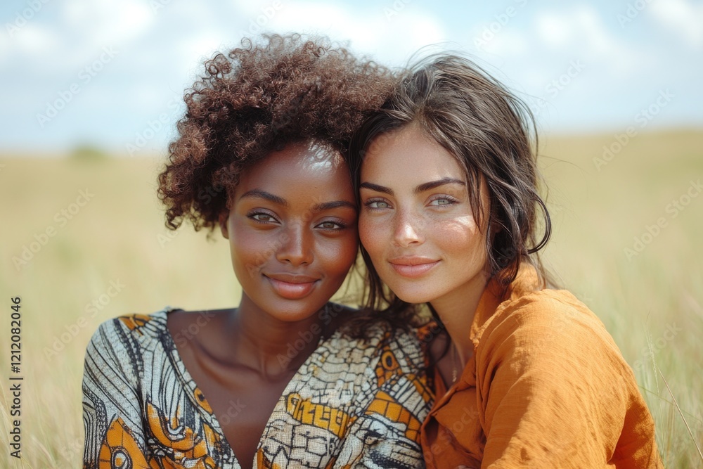 Portrait of two friends smiling and posing together in a green field Portrait of two friends smiling and posing together in a green field
