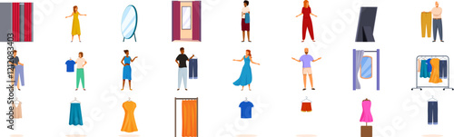 Fitting room icons set. People are shopping for clothes, trying on dresses, shirts, pants, using fitting rooms and mirrors in a clothing store
