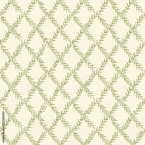 Butcher's broom twigs in a Trellis pattern. Vector vintage illustration. Green