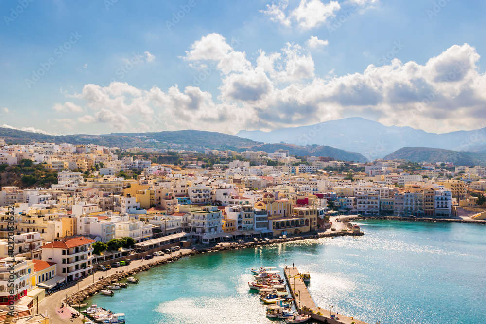 Fototapeta premium Panoramic view of Pigadia bay, town and harbor, Karpathos Island, Greece