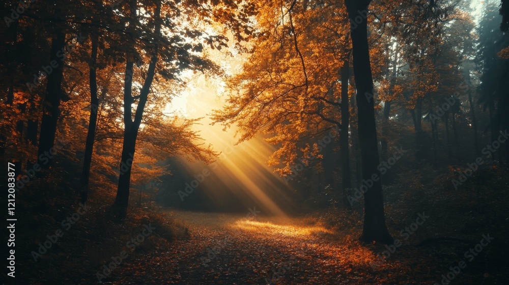 Obraz premium Autumn Sunbeams in Golden Forest Path