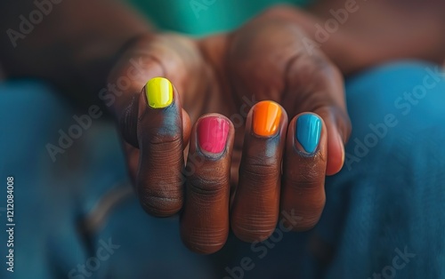 Closeup of black hand. Male nail polish. LGBTQ community. Neutral gender grooming, nail care beauty, self expression, manicure, grooming, fashion forward trend, inclusive self care, confidence concept photo