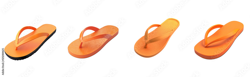 A 3D flip-flop in vibrant orange, single sandal, cleanly displayed on a transparent background. A 3D flip-flop in vibrant orange, single sandal, cleanly displayed on a transparent background.