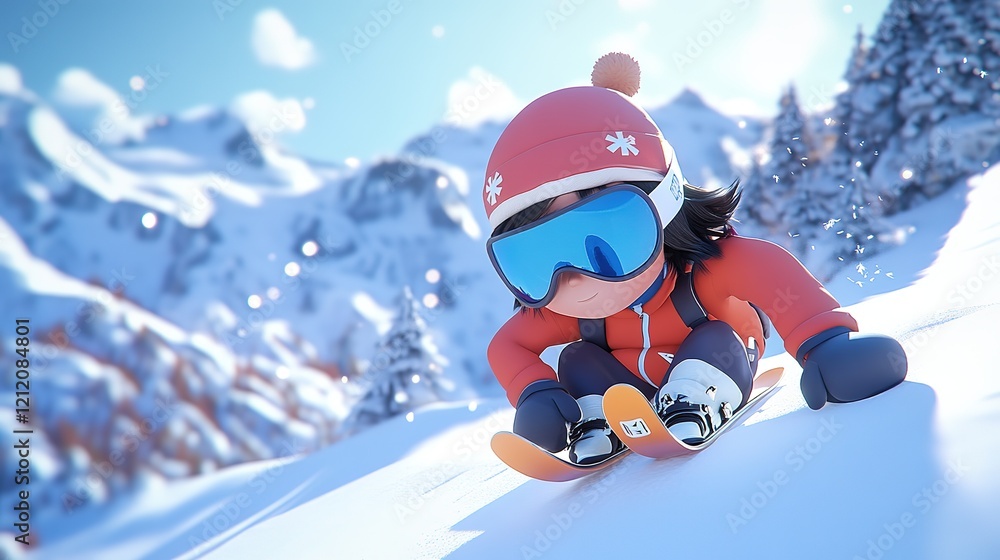 Adorable Little Skier with Goggles on Snowy Mountain Outdoors, 3D Anime Style Adorable Little Skier with Goggles on Snowy Mountain Outdoors, 3D Anime Style