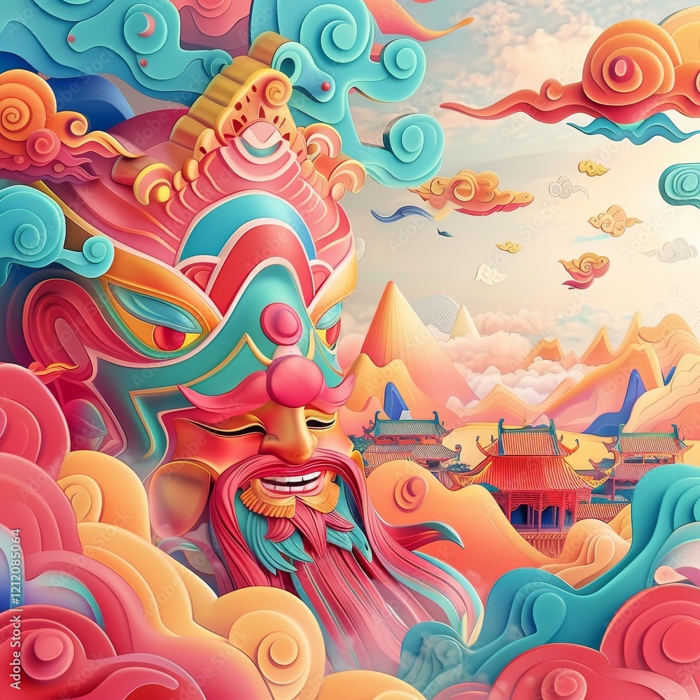 Obraz premium A colorful illustration of a smiling, mythical Chinese god with a long red beard, against a backdrop of colorful clouds, mountains and temples.
