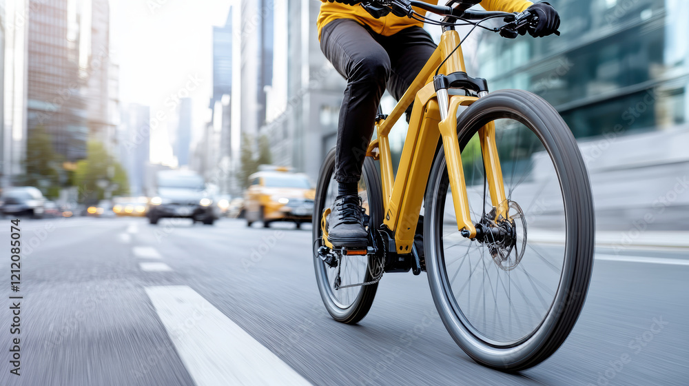 Naklejka premium bicycle courier riding through busy city street, showcasing urban life