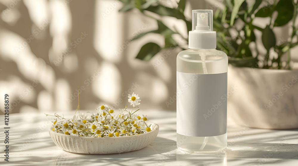 Chamomile flowers and a spray bottle on a sunny table. Relaxing and natural scene perfect for wellness branding. Chamomile flowers and a spray bottle on a sunny table. Relaxing and natural scene perfect for wellness branding.