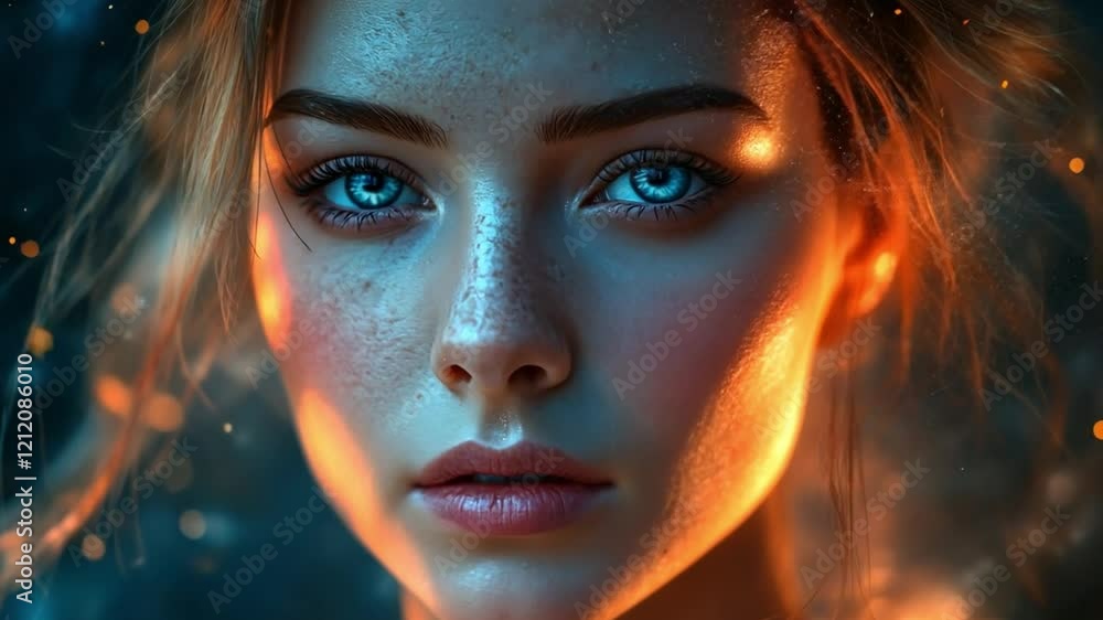 Enigmatic Gaze: A captivating portrait of a young woman with striking blue eyes and freckles, framed by warm, ethereal light. The image evokes a sense of mystery and otherworldly beauty. Enigmatic Gaze: A captivating portrait of a young woman with striking blue eyes and freckles, framed by warm, ethereal light. The image evokes a sense of mystery and otherworldly beauty.