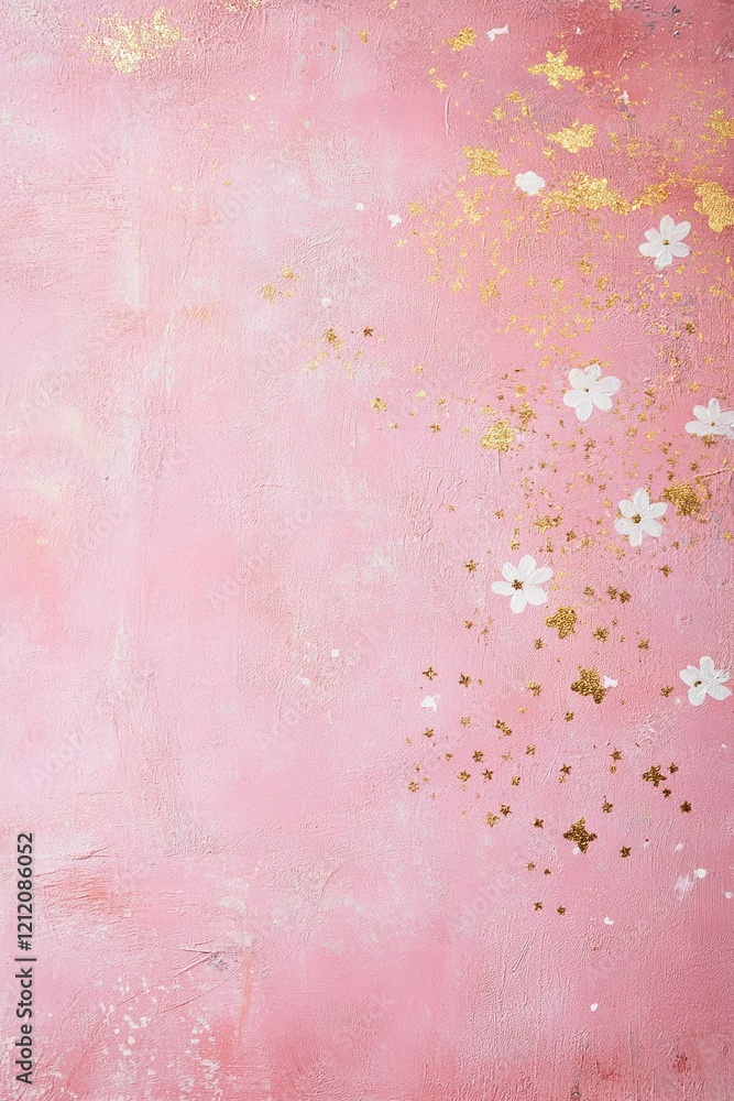 Fototapeta premium A soothing pastel pink backdrop features subtle floral textures along with tiny scattered gold and white stars, creating an enchanting atmosphere for creative designs