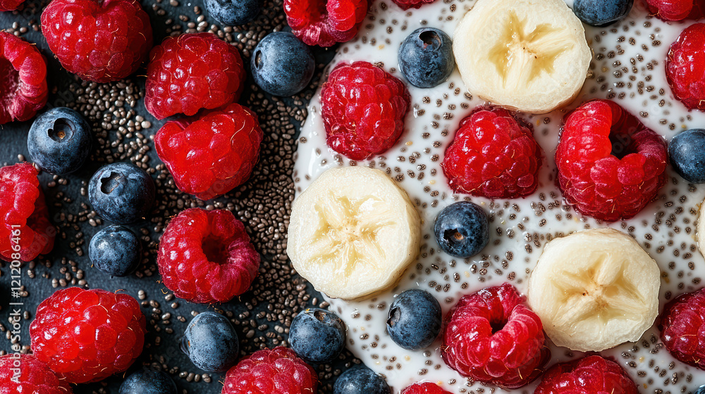 vibrant breakfast bowl featuring chia seeds, bananas, raspberries, and blueberries vibrant breakfast bowl featuring chia seeds, bananas, raspberries, and blueberries