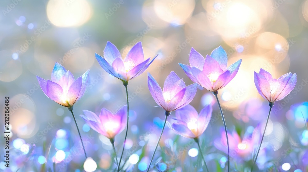 Illuminated flowers glow softly in a garden at dusk, creating a serene, dreamy atmosphere, perfect for calming backgrounds Illuminated flowers glow softly in a garden at dusk, creating a serene, dreamy atmosphere, perfect for calming backgrounds