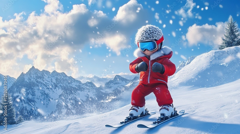 Adorable Little Skier with Goggles on Snowy Mountain Outdoors, 3D Anime Style Adorable Little Skier with Goggles on Snowy Mountain Outdoors, 3D Anime Style