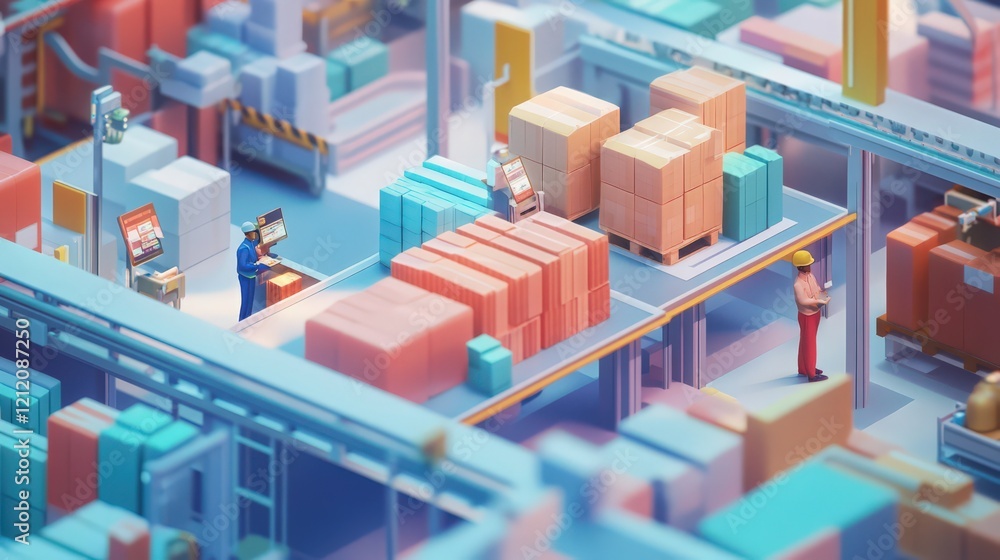 Isometric view of a busy warehouse with workers and lots of stacked boxes and materials Isometric view of a busy warehouse with workers and lots of stacked boxes and materials