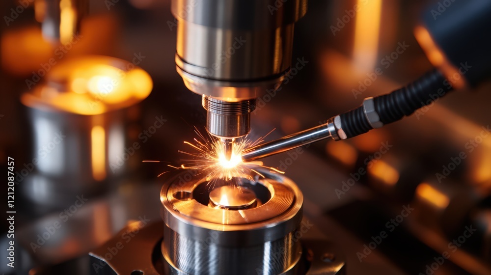 Close-up of industrial laser welding machine in action with vibrant sparks flying Close-up of industrial laser welding machine in action with vibrant sparks flying