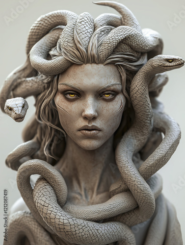 Portrait of Medusa , Greek mythology a monster, a Gorgon, human female with living venomous snakes in place of hair.
