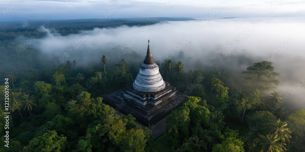 A wide-angle shot capturing the entire temple complex surrounded by lush trees, with soft morning mist lingering A wide-angle shot capturing the entire temple complex surrounded by lush trees, with soft morning mist lingering