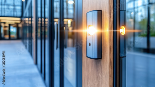 close up of modern security alarm system with glowing light