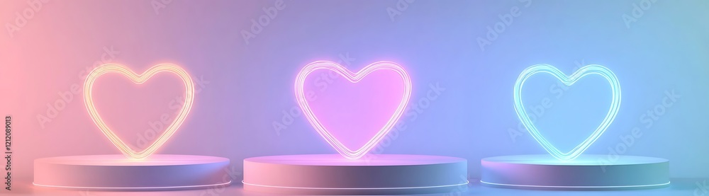 Glowing Heart Designs on Colorful Pedestals Romantic Neon Lights Collection Glowing Heart Designs on Colorful Pedestals Romantic Neon Lights Collection