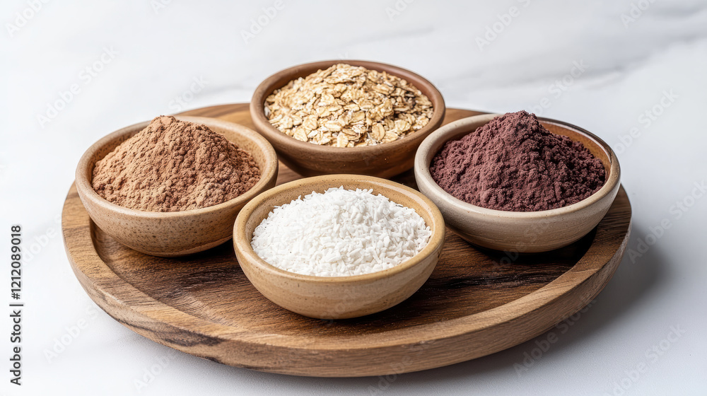 Natural ingredients in wooden bowls on serving platter, perfect for healthy recipes Natural ingredients in wooden bowls on serving platter, perfect for healthy recipes