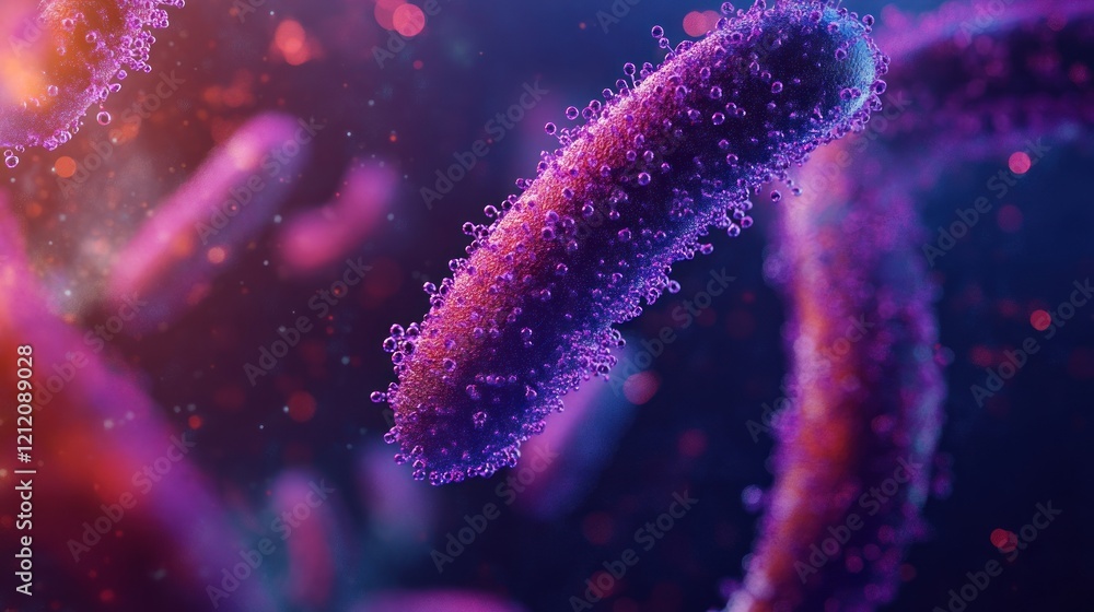 Microscopic view of rod-shaped bacteria with vibrant purple and orange hues, floating in a dark blue background with bokeh effect. Microscopic view of rod-shaped bacteria with vibrant purple and orange hues, floating in a dark blue background with bokeh effect.