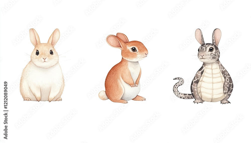 Obraz premium Three adorable, illustrated rabbits showcasing different poses and colors against a white background